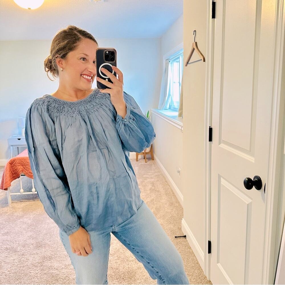 FRAME Pure Ramie Blue Long Sleeve Smock Top Blouse Medium
